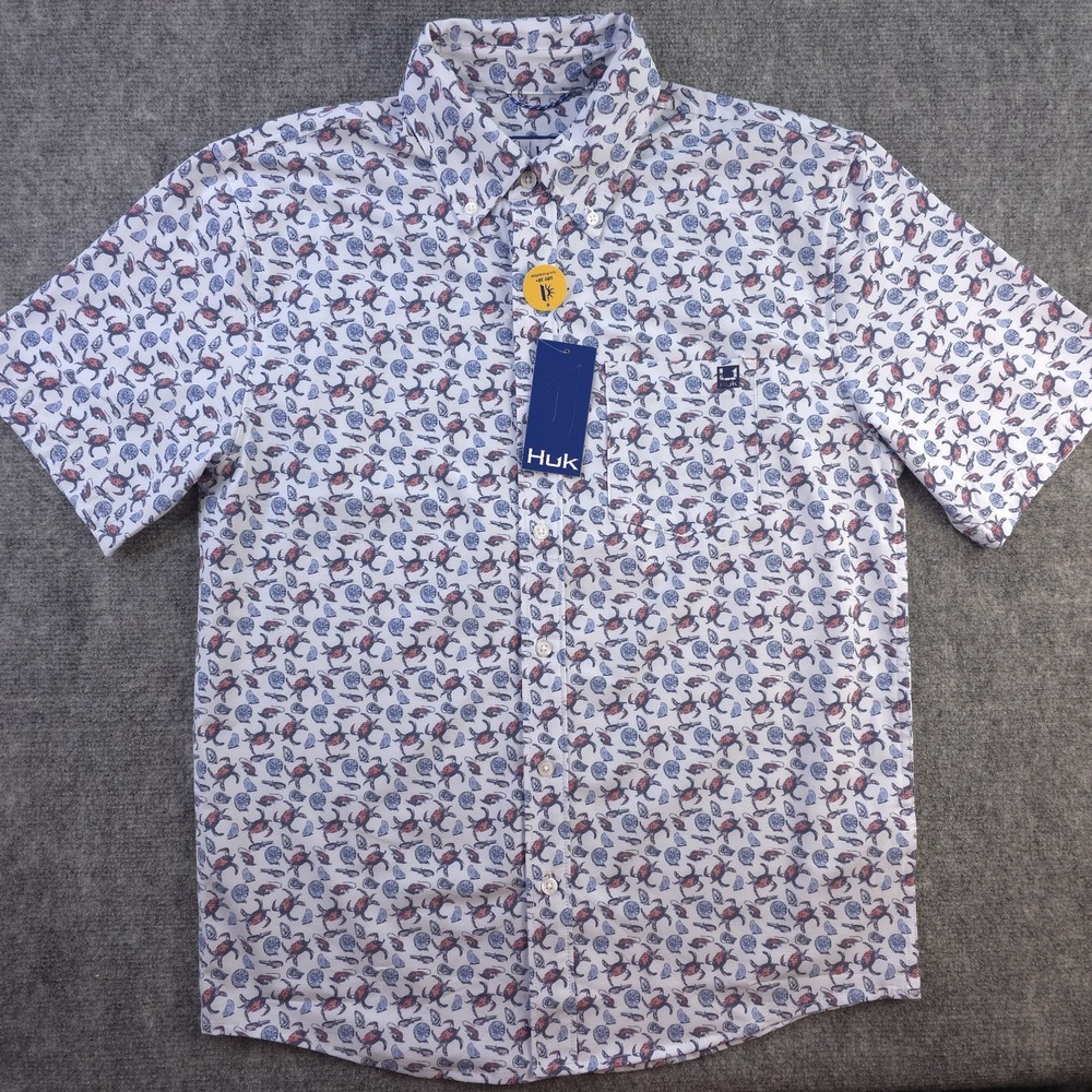 New‎ Huk Fishing Shirt Small Kona White Crab Geometric Short Sleeve Button Down
